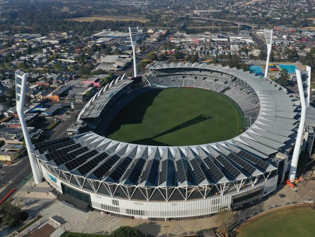 GMHBA Stadium with recently completed work on the Joel Selwood stand. Picture: Alan Barber