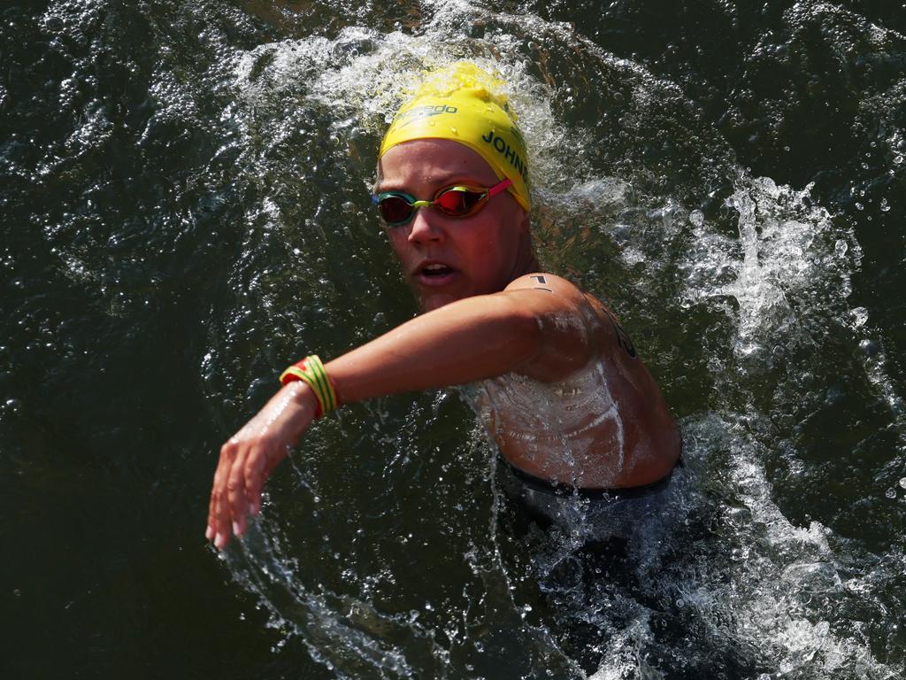 Moesha Johnson of Team Australia wasn’t particularly bothered by the water quality in the River Seine after swimming 10km in it to win a silver medal on Day 13. Picture: Clive Rose/Getty Images