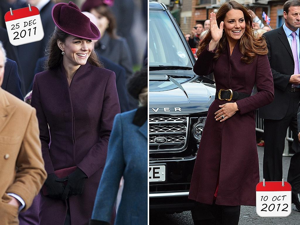 Bordeaux-tinted style: Catherine, Duchess Of Cambridge is sophisticated (and warm) at the 2011 Christmas Day Church Service and again in 2012. Picture: Getty