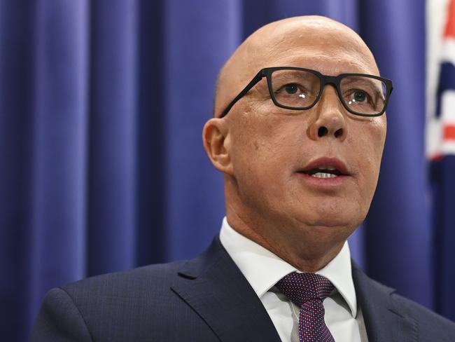 CANBERRA, AUSTRALIA - APRIL 5: Leader of the Opposition Peter Dutton and Deputy leader Sussan Ley address the media in the opposition party room. Federal Liberal MPs will campaign for a "no" vote in the referendum to enshrine an Indigenous Voice to parliament in the Constitution after the party room decided to formally oppose the proposal.The Liberal party room voted on Wednesday to reject the Albanese government's proposed model for a national Aboriginal and Torres Strait Islander advisory body, in favour of establishing local and regional Voices that would be legislated but not embedded in the Constitution. Picture: NCA NewsWire / Martin Ollman