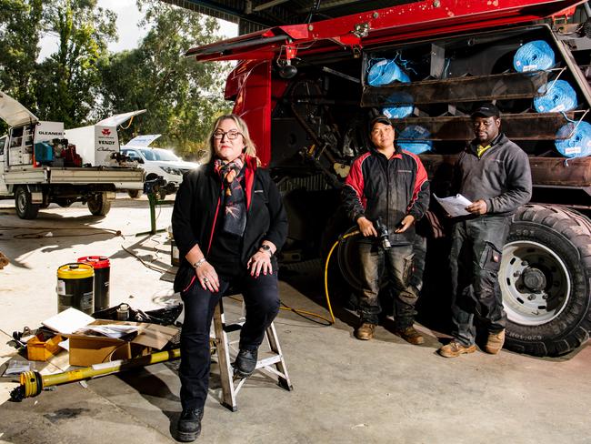 WSB Distributors manager Debra Wehrmann with diesel technicians Darius Aviles and Tatenda Katonda in Clare. Picture: The Advertiser / Morgan Sette