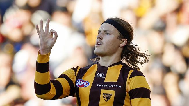 MELBOURNE , AUSTRALIA. April 7 , 2024.  AFL Gather Round. Round 4. Collingwood vs Hawthorn at the Adelaide Oval.   Jack Ginnivan of the Hawks celebrates a 1st quarter goal   . Pic: Michael Klein