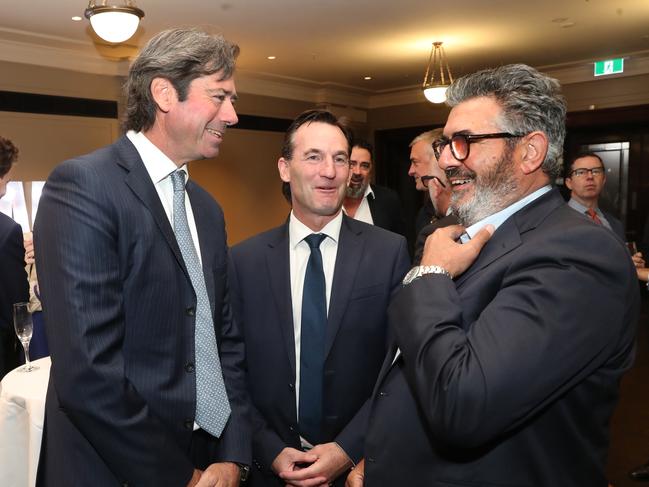 Gillon McLachlan, Andrew Dillon and Andrew Demetriou at Neil Mitchell’s farewell lunch in February. Picture: David Crosling.