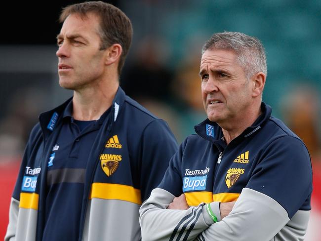 LAUNCESTON, AUSTRALIA - AUGUST 29: Alastair Clarkson, Senior Coach of the Hawks looks on with Chris Fagan, General Manager Football Operations during the 2015 AFL round 22 match between the Hawthorn Hawks and the Brisbane Lions at Aurora Stadium, Launceston, Australia on August 29, 2015. (Photo by Adam Trafford/AFL Media/Getty Images)