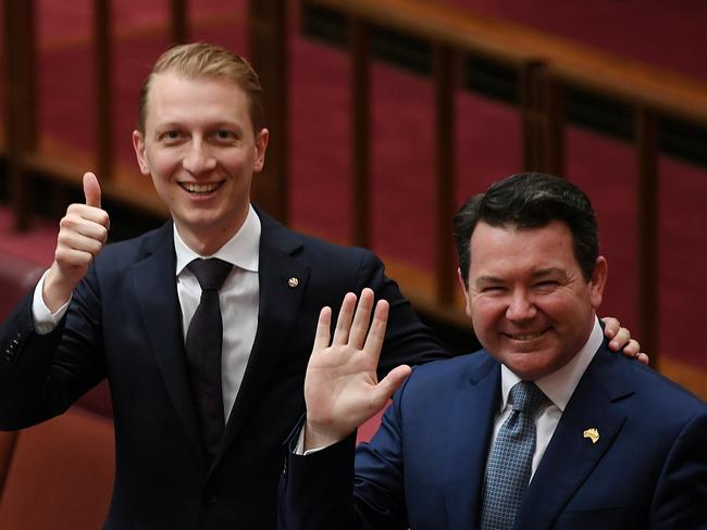 WA Liberal Senator Dean Smith (right, with James Paterson) will introduce his same-sex marriage Bill on Thursday. Picture: AAP/Lukas Coch