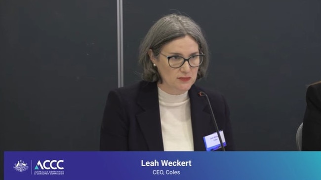 Coles CEO Leah Weckert testifies at the ACCC inquiry into supermarkets.