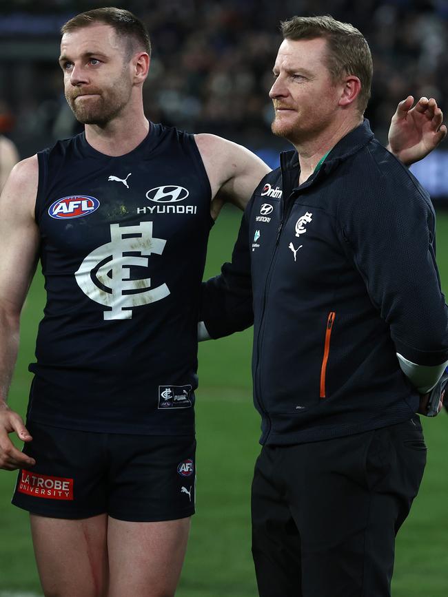 Voss and Sam Docherty after Carlton’s loss to Collingwood in the final round of 2022. Picture: Michael Klein