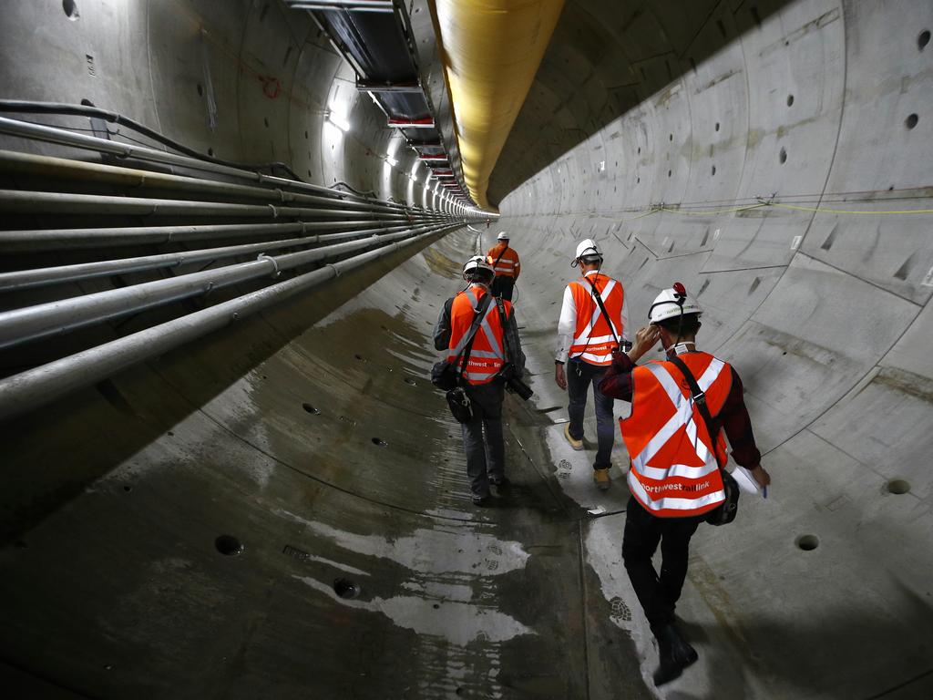 Undergroundin the North West Rail Link tunnel near Bella Vista. The North West Rail Link is underway and TBM Elizabeth has cut through 1092metres of earth travelling East from Bella Vista. Picture: Bradley Hunter