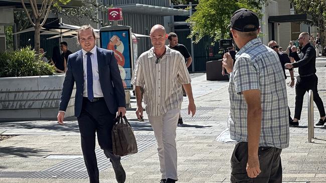 Dion Barber, centre, arrives at the Perth District Court with his lawyer for the case in which he is suing the state of Western Australia over allegations he was subjected to horrific sexual abuse while a ward of the state in the 1980s and ’90s. Picture: Emma Kirk/NewsWire