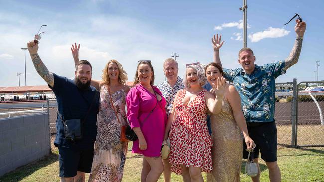 Tom Johns, Adele Dowson, Leigh Carter, Andrew Davis, Emma Davis, Stephanie Carter and David Carter at the 2023 Darwin Cup. Picture: Pema Tamang Pakhrin