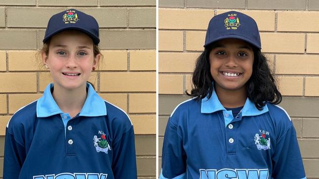 (L-R) Elyssa Bolger and Gayathri Naik, NSW PSSA U12 girls cricket team to play School Sports Australia U12 Championships in Darwin 2023, picture at Raby Oval, 1 June 2023. Picture: Jason Hosken (News Corp)