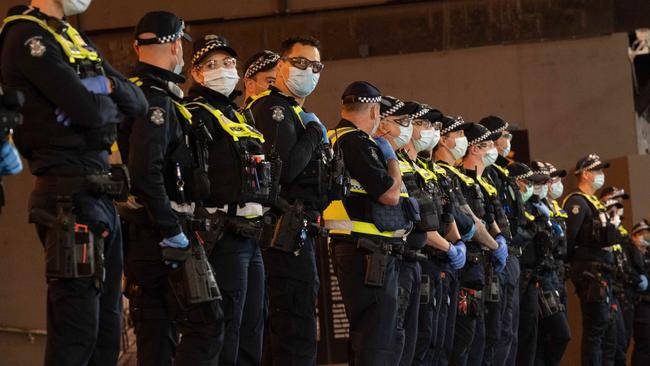 Police monitoring the protest on Thursday night. Picture: Tony Gough