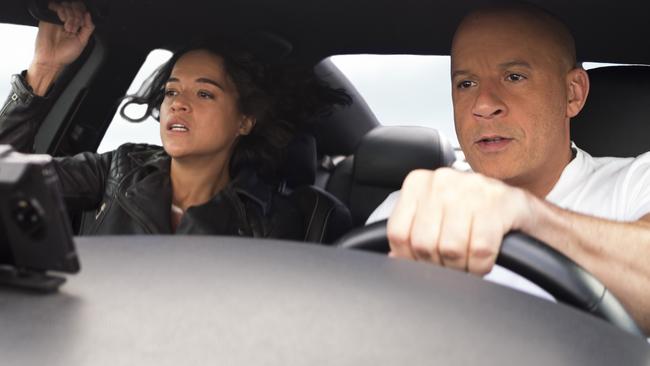 Michelle Rodriguez and Vin Diesel in Fast and Furious 9.