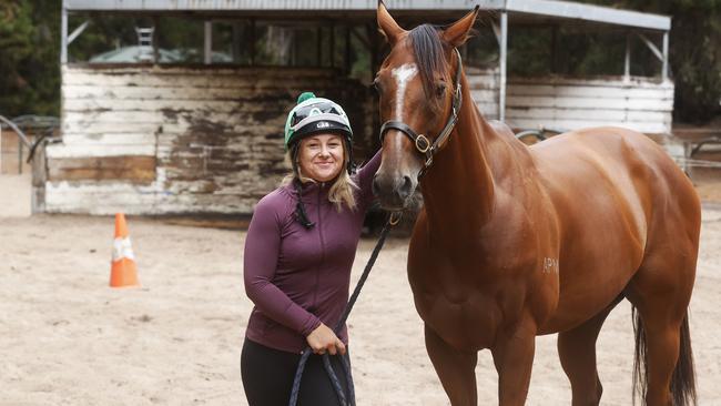 Tegan Keys track work rider with The Inevitable trained by John Keys that will run in the Thomas Lyons Stakes on Hobart Cup day 2025.  Picture: Nikki Davis-Jones