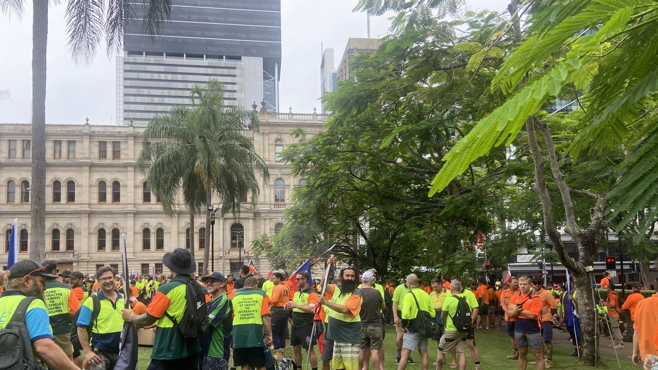 A CFMEU protest in the wake of a tragic worker death has shut down Brisbane’s CBD.