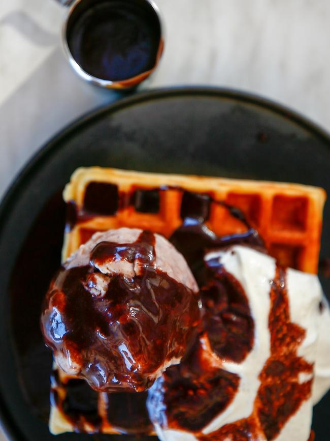 The Devil's Own Ice Creamery’s mega waffle with choc hazelnut fudge ice cream and choc fudge sauce. Picture: PATRICK GEE