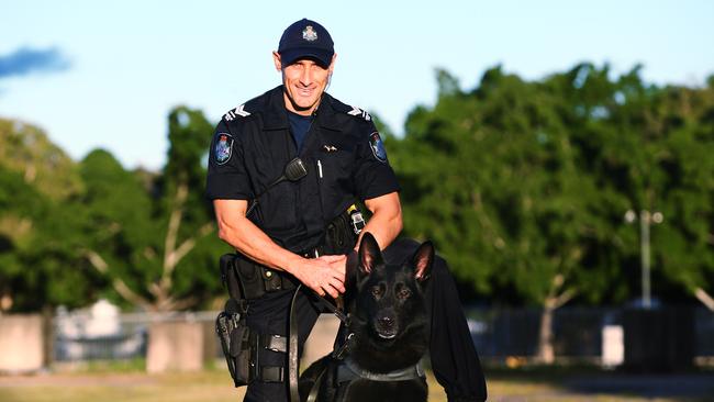 Cairns member of the Queensland Police dog squad Senior Constable Adrian Marek with PD Bally earlier in his career. Picture: Brendan Radke