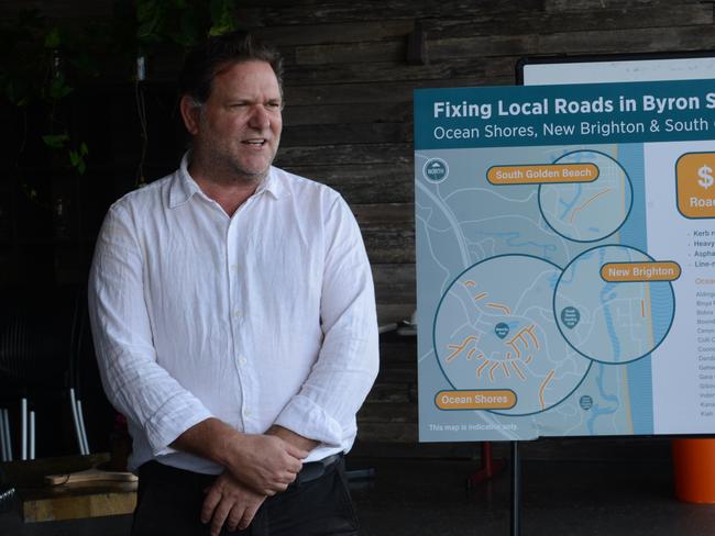 Byron mayor Simon Richardson at the announcement of millions of dollars of funding for roads in Ocean Shores and surrounds and old timber bridges. The announcement, at Ocean Shores Country Club on Friday, April 30, 2021, was Cr Richardson's final official duty as mayor. Picture: Liana Boss