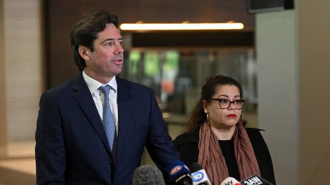 AFL CEO Gillon McLachlan (left) and AFL Executive General Manager Inclusion and Social Policy Tanya Hosch (right). (Photo by Morgan Hancock/AFL Photos/via Getty Images)