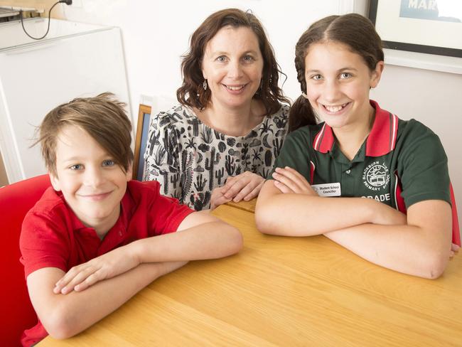 Bec Palma and two of her kids: Arabella, who is in Grade 6 and started school young, and Ollie, who is in Grade 2 and waited an extra year. Picture: Norm Oorloff