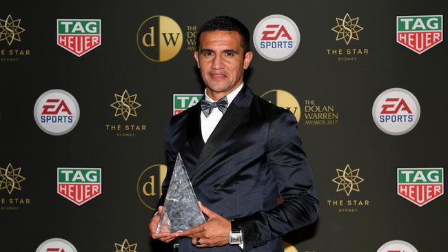 A-League player Tim Cahill poses with the Goal of the Year Award at the Dolan Warren Awards.