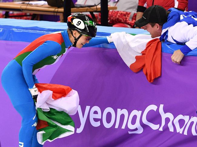 Italy’s Arianna Fontana celebrates winning the gold medal in the women’s 500m short track speed skating A final event during the Pyeongchang 2018 Winter Olympic Games, at the Gangneung Ice Arena in Gangneung on February 13, 2018. Picture: AFP