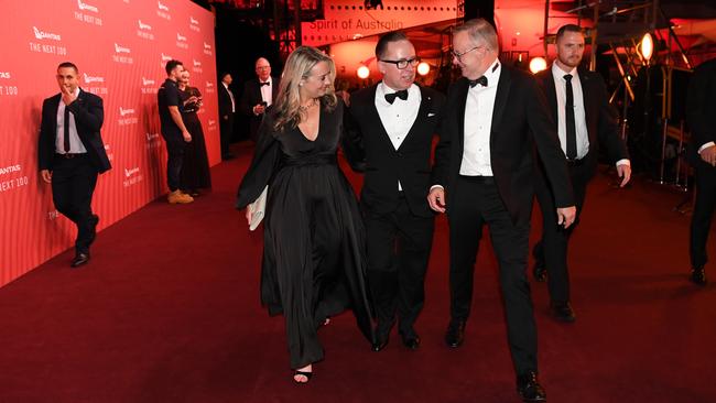 Jodie Haydon, Alan Joyce and Prime Minister Anthony Albanese at the Qantas’ gala dinner celebrating its 100 years. Picture: Getty Images