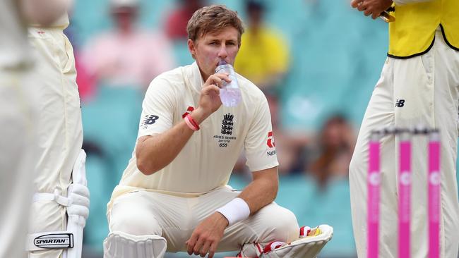 England batsman Joe Root takes a break while battling severe dehydration.