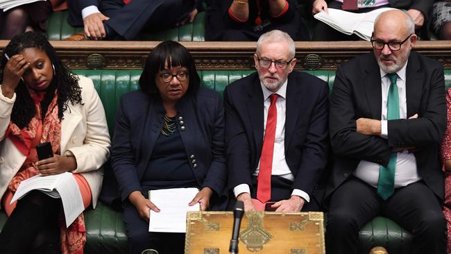 Jeremy Corbyn with shadow Home Secretary Dianne Abbott (2L) in parliament. Picture: AFP