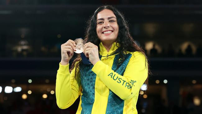 PARIS, FRANCE - AUGUST 10: Bronze Medallist Caitlin Parker of Team Australia poses on the podium during the Boxing Women's 75kg medal ceremony after the Boxing Women's 75kg Final match on day fifteen of the Olympic Games Paris 2024 at Roland Garros on August 10, 2024 in Paris, France. (Photo by Richard Pelham/Getty Images)