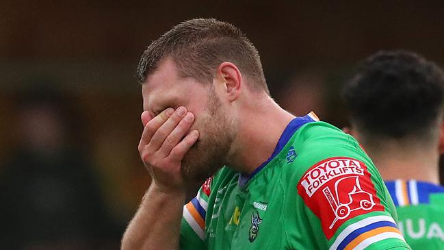 WAGGA WAGGA, AUSTRALIA - MAY 08: Elliott Whitehead (c) of the Raiders looks on after the loss during the round nine NRL match between the Canberra Raiders and the Newcastle Knights at , on May 08, 2021, in Wagga Wagga, Australia. (Photo by Kelly Defina/Getty Images)