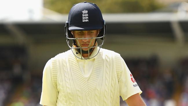 PERTH, AUSTRALIA - DECEMBER 17:  Joe Root of England bats walks off the field after being dismissed by Nathan Lyon of Australia during day four of the Third Test match during the 2017/18 Ashes Series between Australia and England at WACA on December 17, 2017 in Perth, Australia.  (Photo by Quinn Rooney/Getty Images)