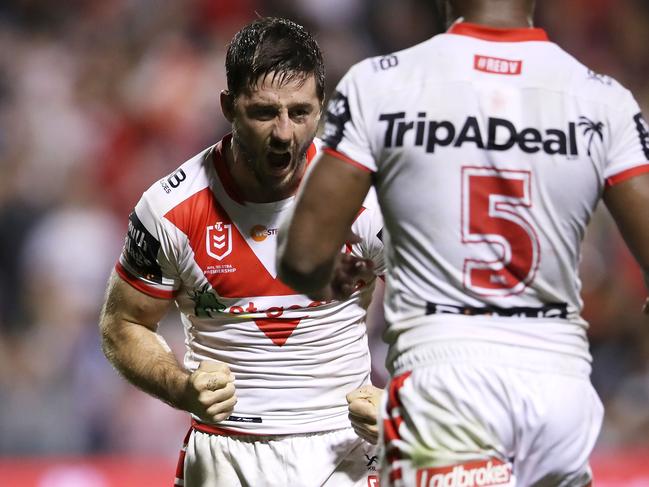 WOLLONGONG, AUSTRALIA - APRIL 20: Ben Hunt of the Dragons celebrates victory during the round 6 NRL match between the Dragons and the Sea Eagles at WIN Stadium on April 20, 2019 in Wollongong, Australia. (Photo by Mark Kolbe/Getty Images)