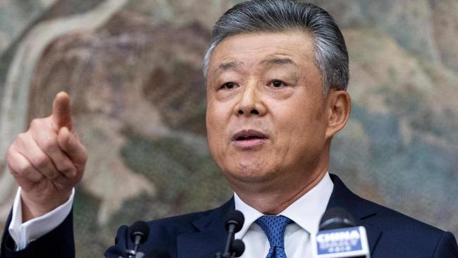 China's ambassador to Britain Liu Xiaoming speaks to members of the media. Picture: AFP.