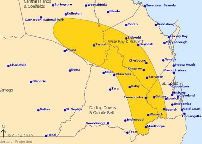 Severe thunderstorms are predicted for the North and South Burnett this afternoon. Picture: © Bureau of Meteorology