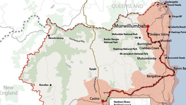 RAIL TRAIL: A map showing the Northern Rivers Rail Trail; which supporters including local councils, say will be an economic boon for the region.