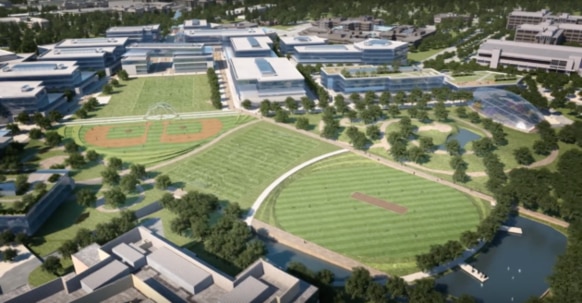 A rendering of the cricket oval (lower right) that it is set to dominate Microsoft's sport fields at its Redmond HQ.