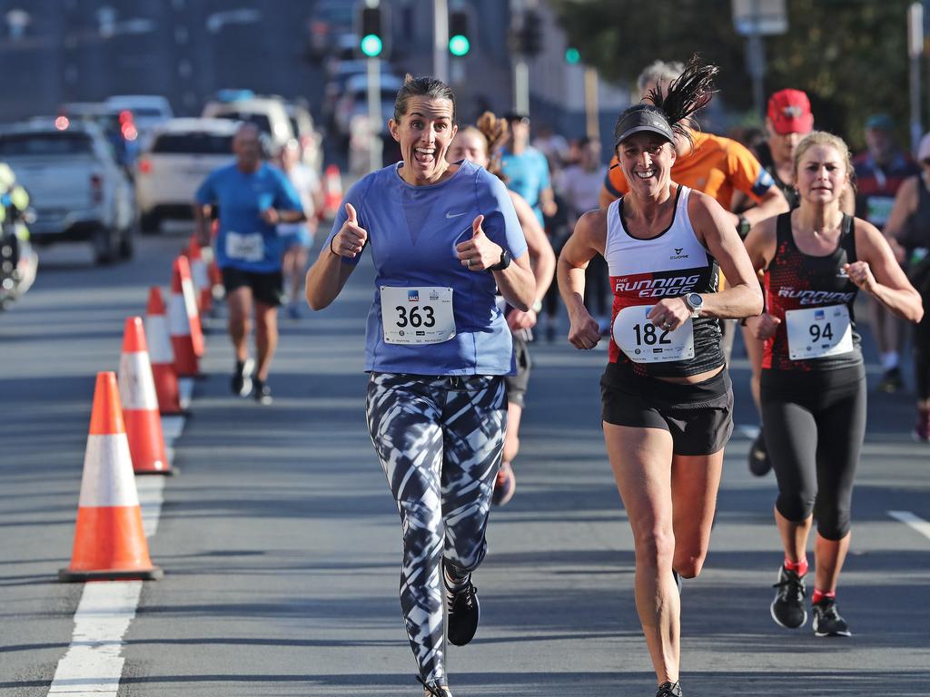 Sisters Katy Stewart (left) and Jo Banks-Smith running in the 2019 City to Casino. Picture: LUKE BOWDEN