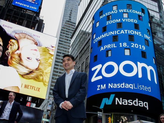 Zoom founder Eric Yuan poses in front of the Nasdaq building. (Photo by KENA BETANCUR / GETTY IMAGES NORTH AMERICA / AFP)