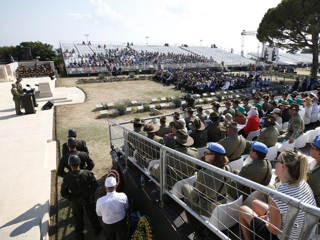 Modest crowds ... Centenary of Lone Pine Gallipoli ceremony drew about 750 people. Picture: David Caird.