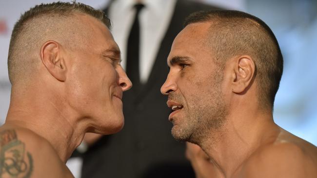 Danny Green and Anthony Mundine during their official weigh-in at the Adelaide Oval today.