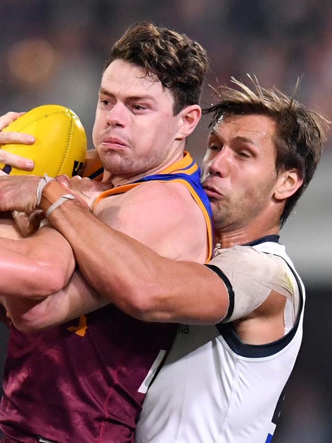 Matt de Boer put the clamps on Lachie Neale on Saturday night. Picture: AAP