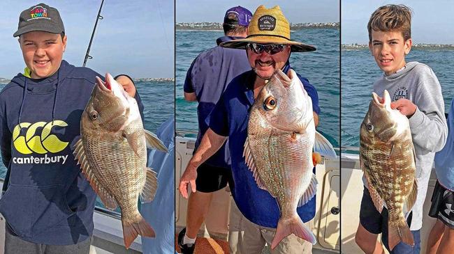 Gotcha - Jack and Dennis with a couple of good size grass sweetlip and Ian with a nice snapper which they boated on a Wild Thing 2 charter to Sunshine Reef. Picture: www.fishingnoosa.com.au