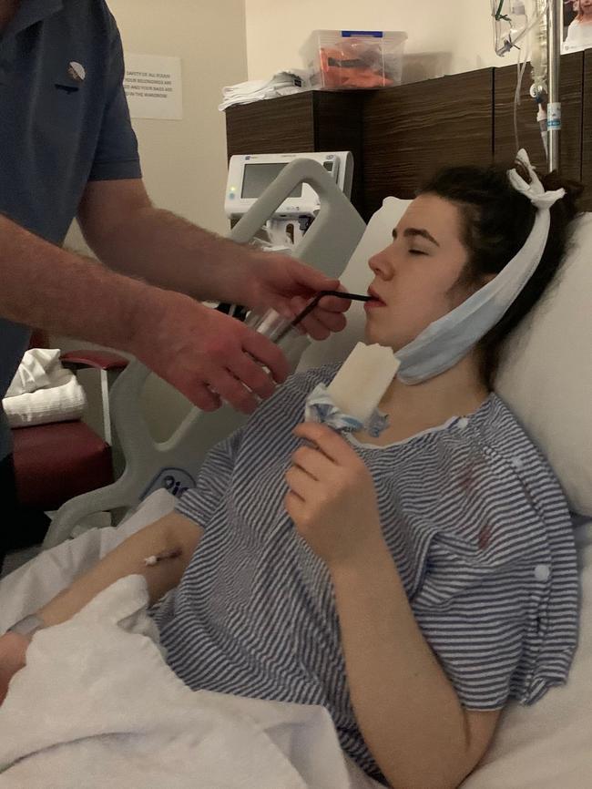 Saskia Rogers at age 17 in hospital after surgery as part of her treatment for cancer. Picture: supplied