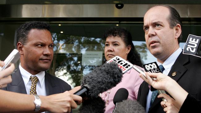 Dianne’s former husband Mark Brimble, right, her partner David Mitchell, left, and her sister Alma Wood face the media outside Glebe Coroners Court. File picture