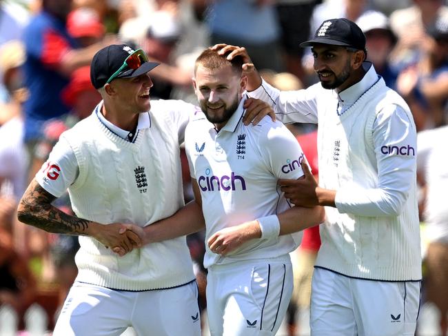 WELLINGTON, NEW ZEALAND - DECEMBER 07: Gus Atkinson of England celebrates the wicket of Tim Southee of the New Zealand Black Caps during day two of the Second Test match in the series between New Zealand and England at Basin Reserve on December 07, 2024 in Wellington, New Zealand. (Photo by Hannah Peters/Getty Images)