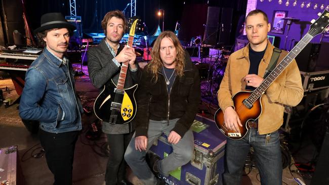 Darren Middleton (Powderfinger) left, Davey Lane (You Am I), ‘Kram’ Maher (Spiderbait) and Mark Wilson (Jet) at the cave rehearsal studio in Abbotsford, Melbourne. Picture: David Geraghty.