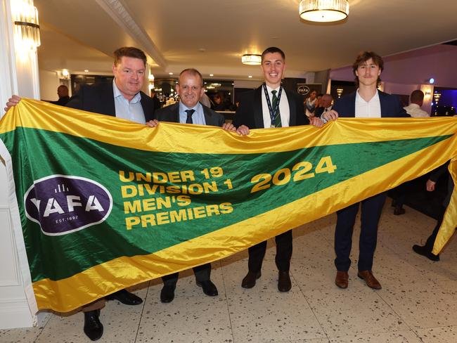 MELBOURNE, AUSTRALIA – OCTOBER 9 2024Paul Carrigan, Peter Civitarese, Charles Kilburn and Mason Carrigan at the VAFA Awards Night at the San Remo Ballroom in Carlton on October 9, 2024Picture: Brendan Beckett