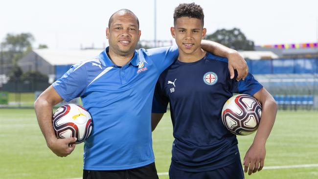 Former Adelaide United Striker Cristiano with his son and Melbourne City squad member Raphael Borges Rodrigues. Picture: AAP/Emma Brasier