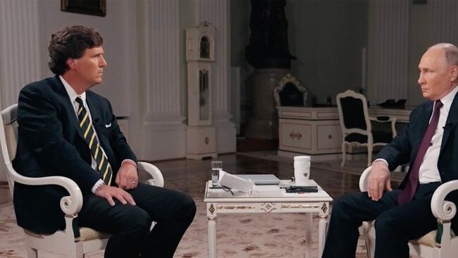 Russian President Vladimir Putin being interviewed by former Fox News host Tucker Carlson in Moscow.